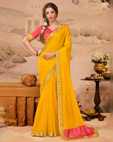 Vishal Prints Pinkish Red And Golden Yellow Designer Fancy Chiffon Traditional Print Saree With Weaved Satin Patta And Cut Work Embroidery Border