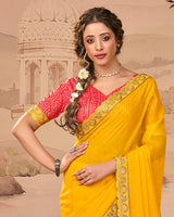 Vishal Prints Pinkish Red And Golden Yellow Designer Fancy Chiffon Traditional Print Saree With Weaved Satin Patta And Cut Work Embroidery Border