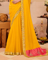 Vishal Prints Pinkish Red And Golden Yellow Designer Fancy Chiffon Traditional Print Saree With Weaved Satin Patta And Cut Work Embroidery Border