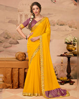 Vishal Prints Wine Berry And Golden Yellow Designer Fancy Chiffon Traditional Print Saree With Weaved Satin Patta And Cut Work Embroidery Border