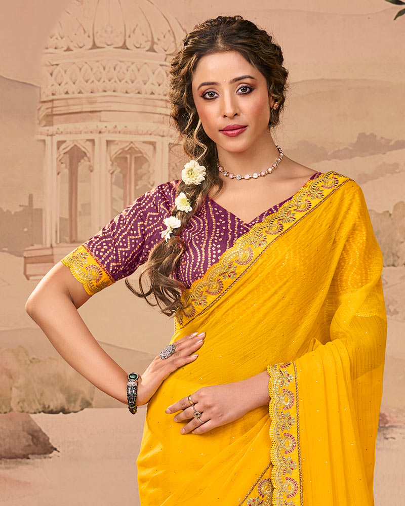 Vishal Prints Wine Berry And Golden Yellow Designer Fancy Chiffon Traditional Print Saree With Weaved Satin Patta And Cut Work Embroidery Border