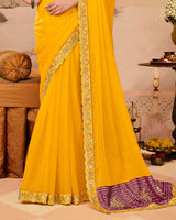 Vishal Prints Wine Berry And Golden Yellow Designer Fancy Chiffon Traditional Print Saree With Weaved Satin Patta And Cut Work Embroidery Border