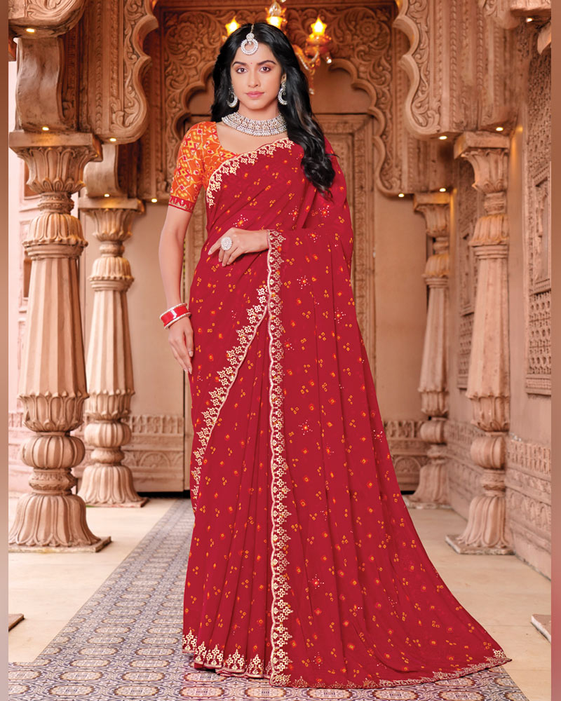 Vishal Prints Bright Red Designer Georgette Traditional Print Saree With Foil Print And Cut Work Embroidery Border
