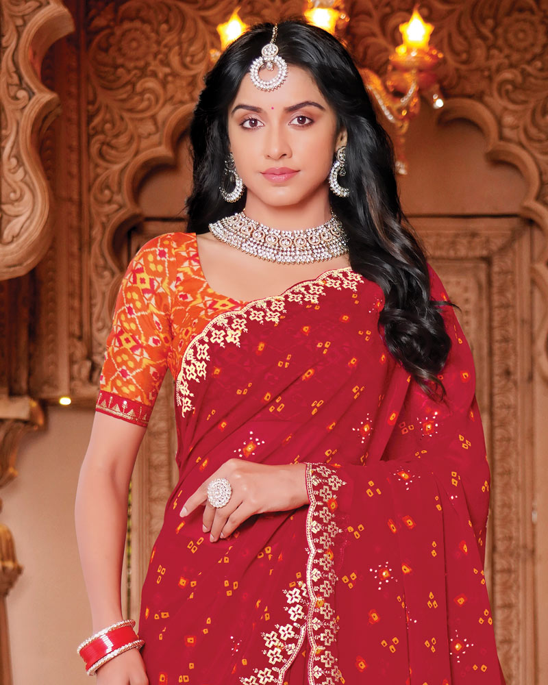 Vishal Prints Bright Red Designer Georgette Traditional Print Saree With Foil Print And Cut Work Embroidery Border