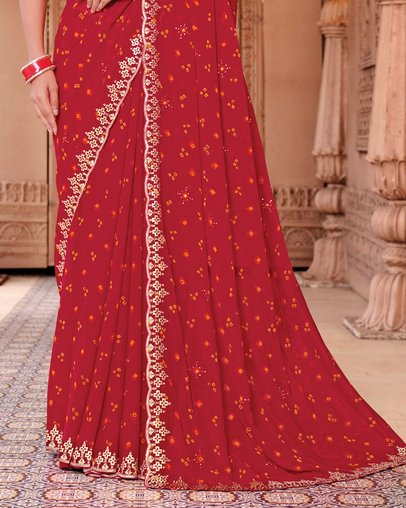 Vishal Prints Bright Red Designer Georgette Traditional Print Saree With Foil Print And Cut Work Embroidery Border