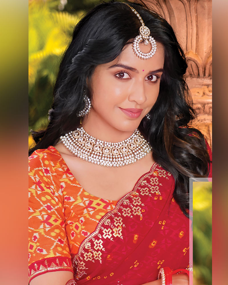 Vishal Prints Bright Red Designer Georgette Traditional Print Saree With Foil Print And Cut Work Embroidery Border