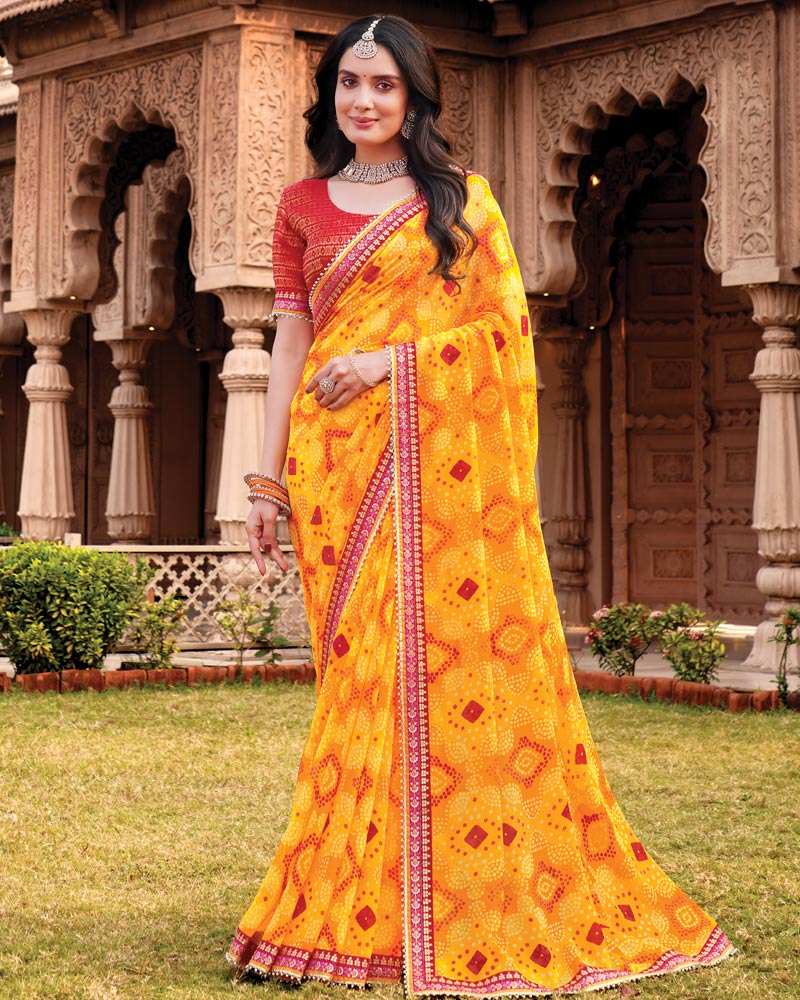 Vishal Prints Deep Yellow Designer Georgette Traditional Print Saree With Foil Print And Fancy Border