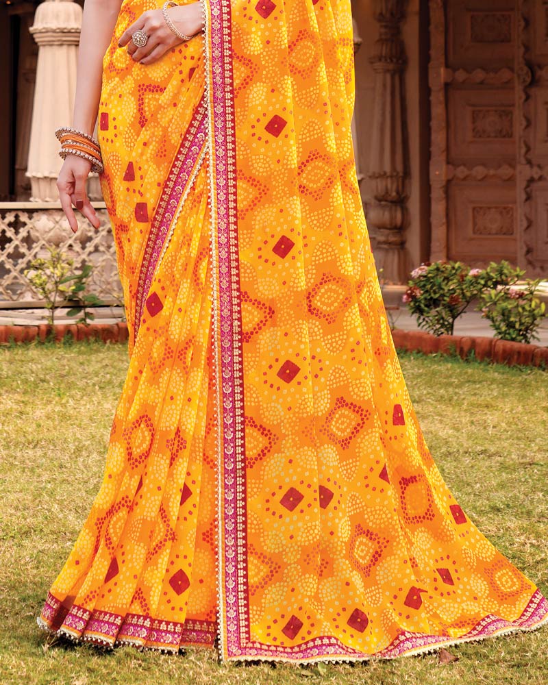 Vishal Prints Deep Yellow Designer Georgette Traditional Print Saree With Foil Print And Fancy Border