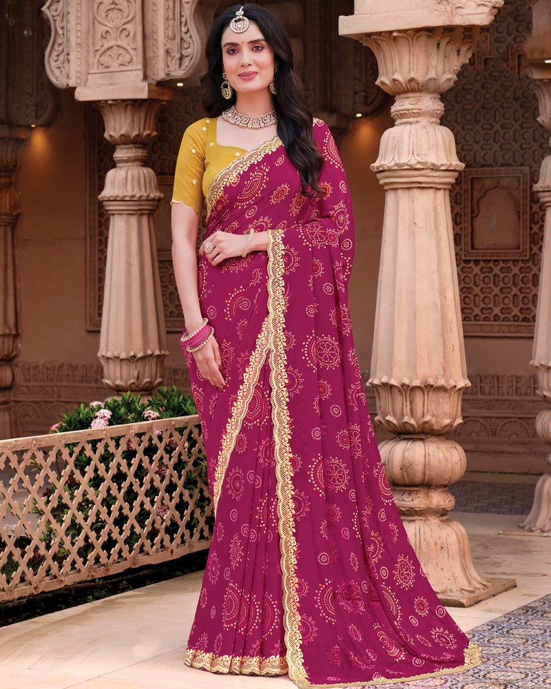 Vishal Prints Raspberry Pink Designer Georgette Traditional Print Saree With Foil Print And Cut Work Embroidery Border