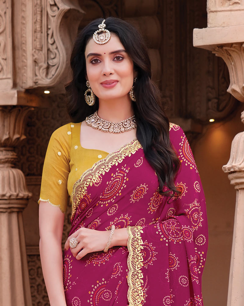 Vishal Prints Raspberry Pink Designer Georgette Traditional Print Saree With Foil Print And Cut Work Embroidery Border