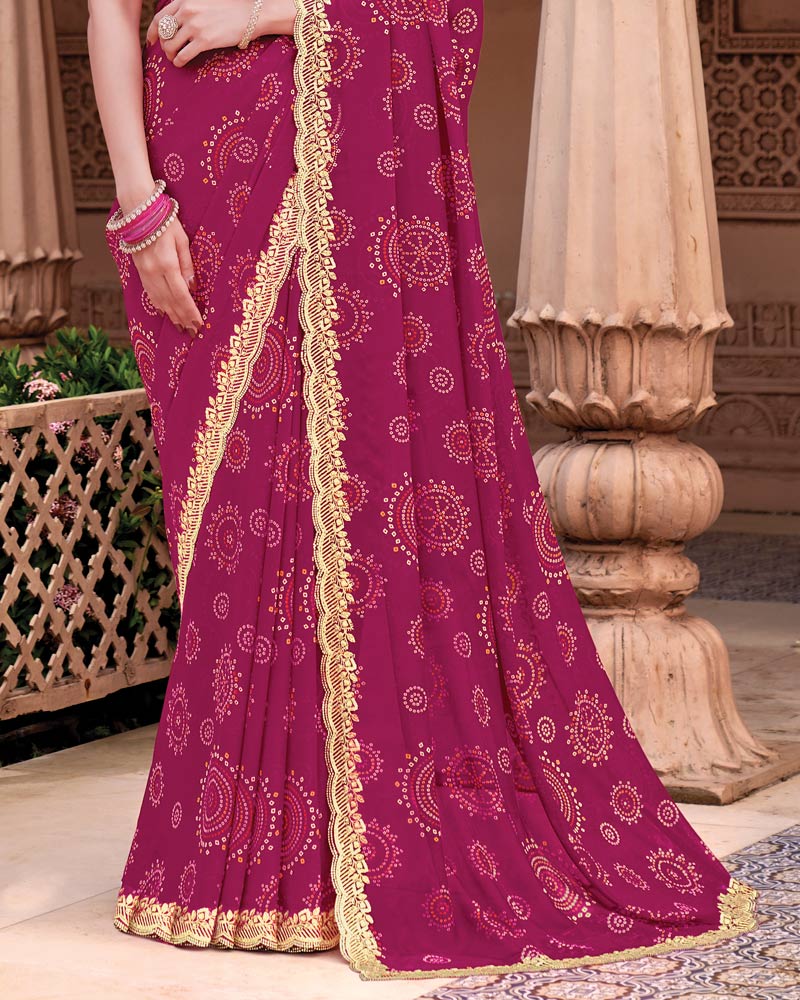 Vishal Prints Raspberry Pink Designer Georgette Traditional Print Saree With Foil Print And Cut Work Embroidery Border