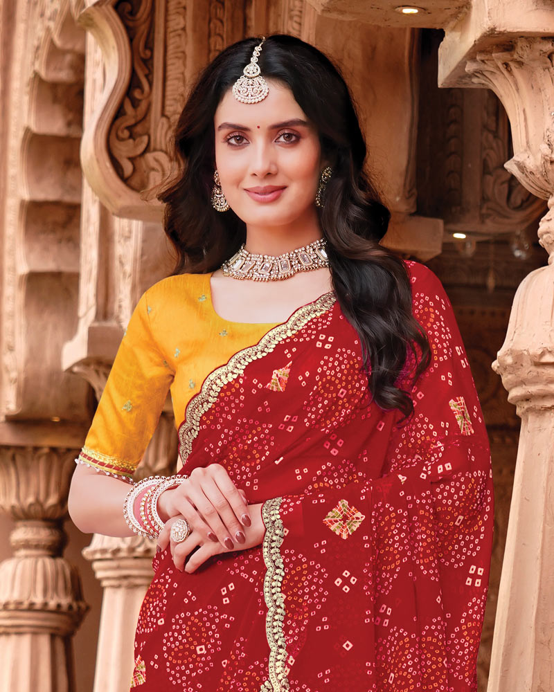Vishal Prints Sindoori Red Designer Georgette Traditional Print Saree With Foil Print And Cut Work Embroidery Border