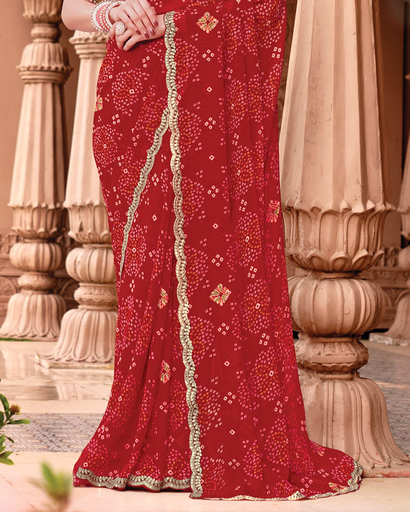 Vishal Prints Sindoori Red Designer Georgette Traditional Print Saree With Foil Print And Cut Work Embroidery Border