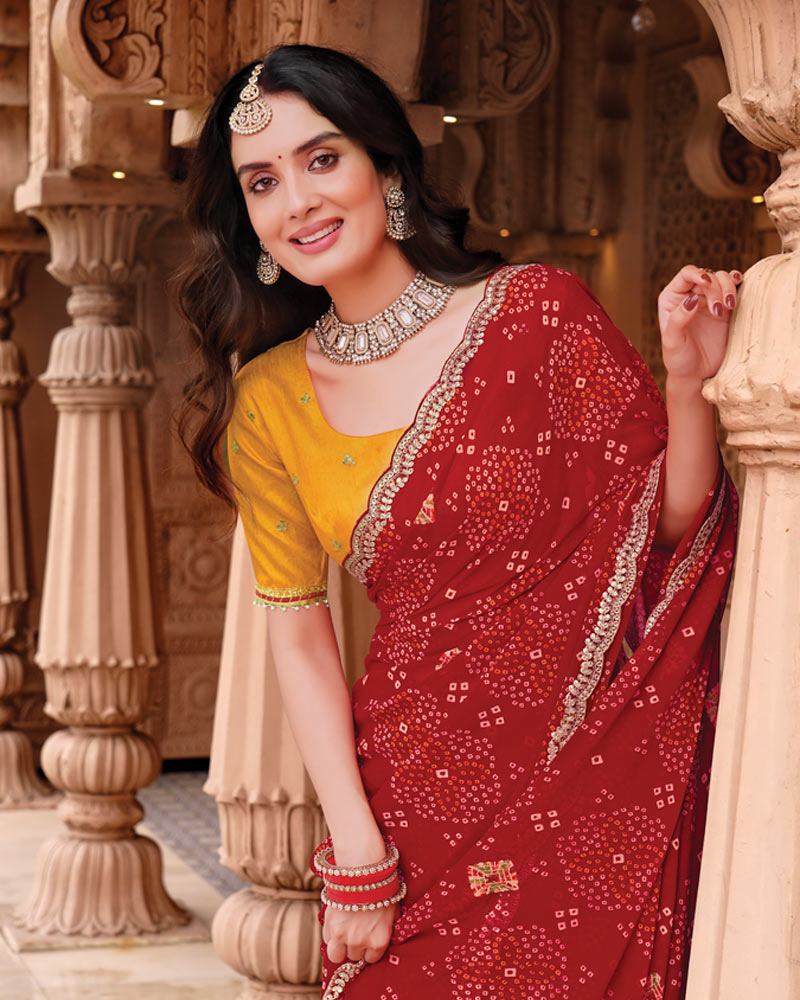 Vishal Prints Sindoori Red Designer Georgette Traditional Print Saree With Foil Print And Cut Work Embroidery Border