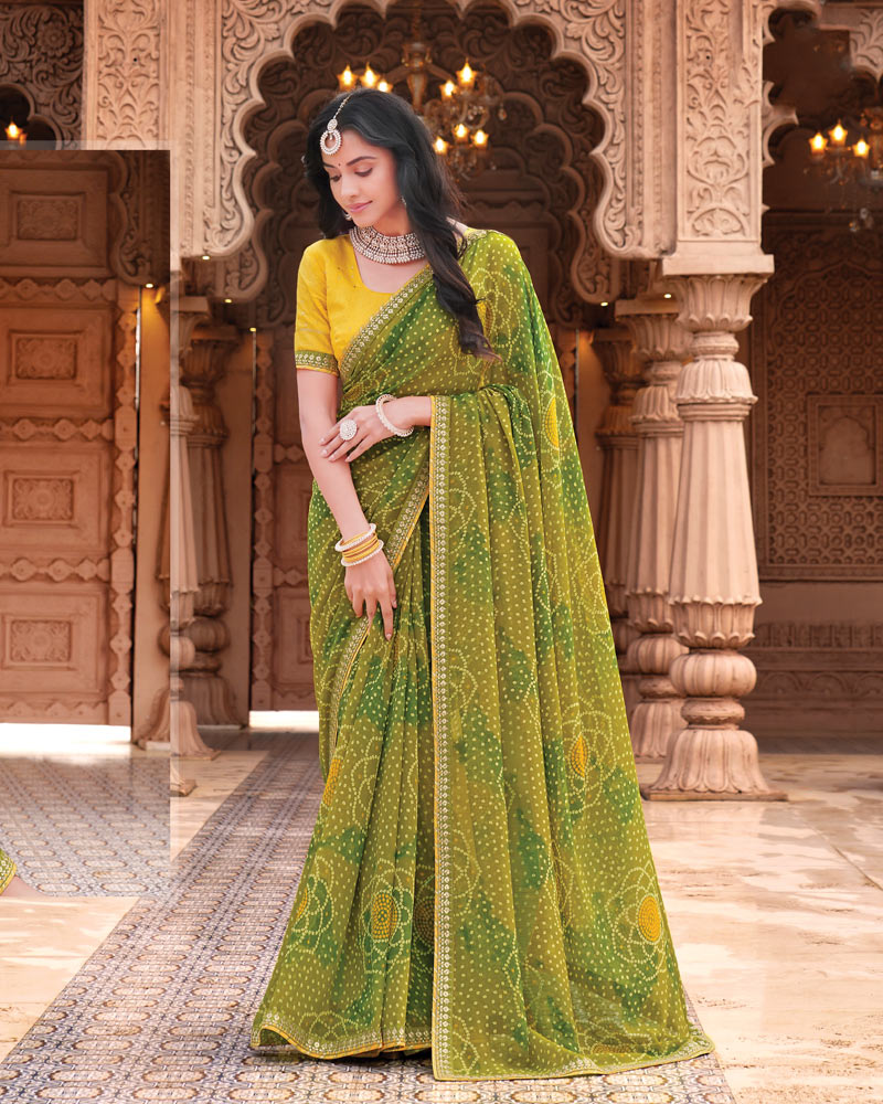 Vishal Prints Mehandi Green Designer Georgette Traditional Print Saree With Foil Print And Fancy Border