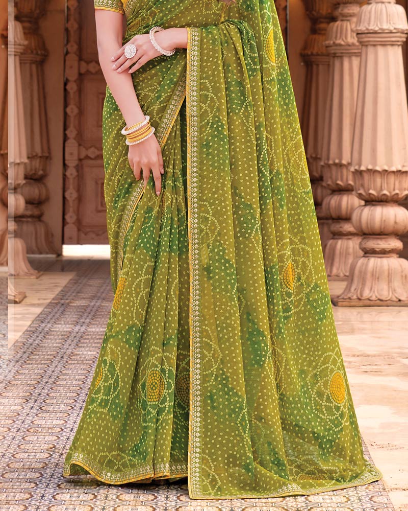 Vishal Prints Mehandi Green Designer Georgette Traditional Print Saree With Foil Print And Fancy Border