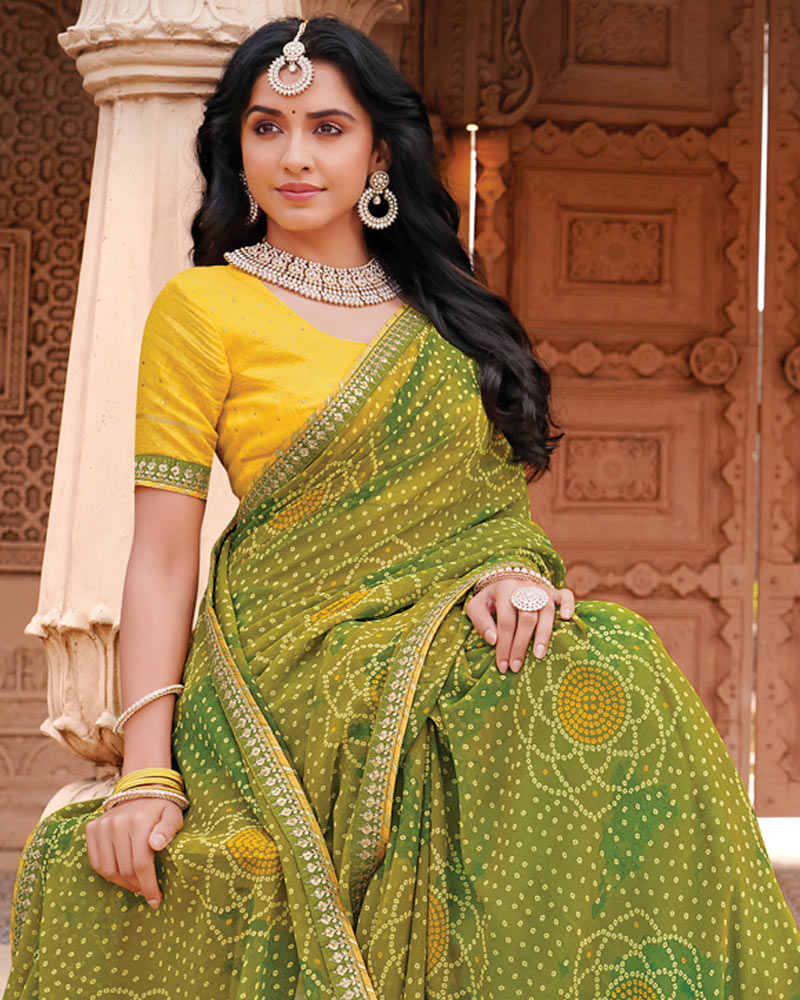 Vishal Prints Mehandi Green Designer Georgette Traditional Print Saree With Foil Print And Fancy Border