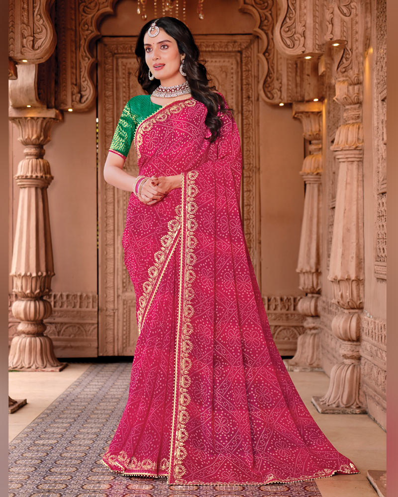 Vishal Prints Deep Rani Pink Designer Georgette Traditional Print Saree With Foil Print And Fancy Embroidery Border