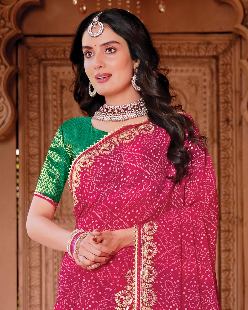 Vishal Prints Deep Rani Pink Designer Georgette Traditional Print Saree With Foil Print And Fancy Embroidery Border
