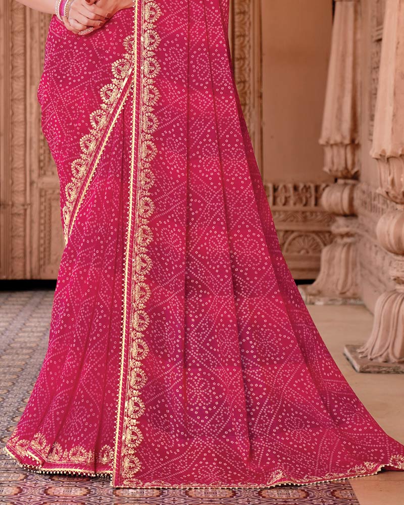 Vishal Prints Deep Rani Pink Designer Georgette Traditional Print Saree With Foil Print And Fancy Embroidery Border