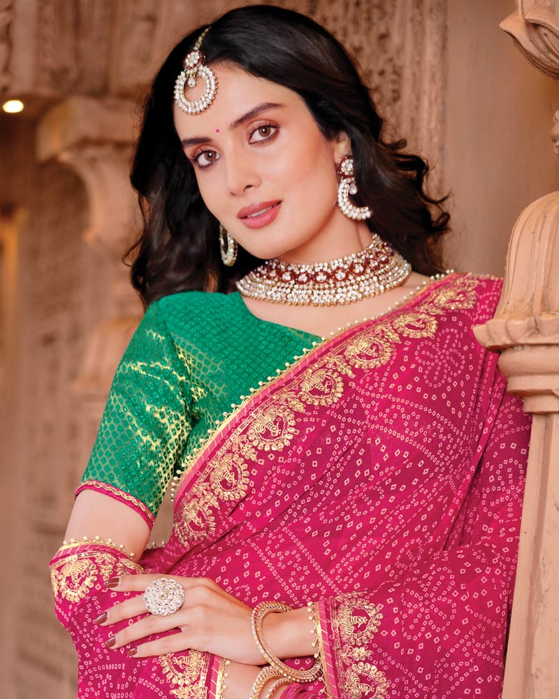 Vishal Prints Deep Rani Pink Designer Georgette Traditional Print Saree With Foil Print And Fancy Embroidery Border
