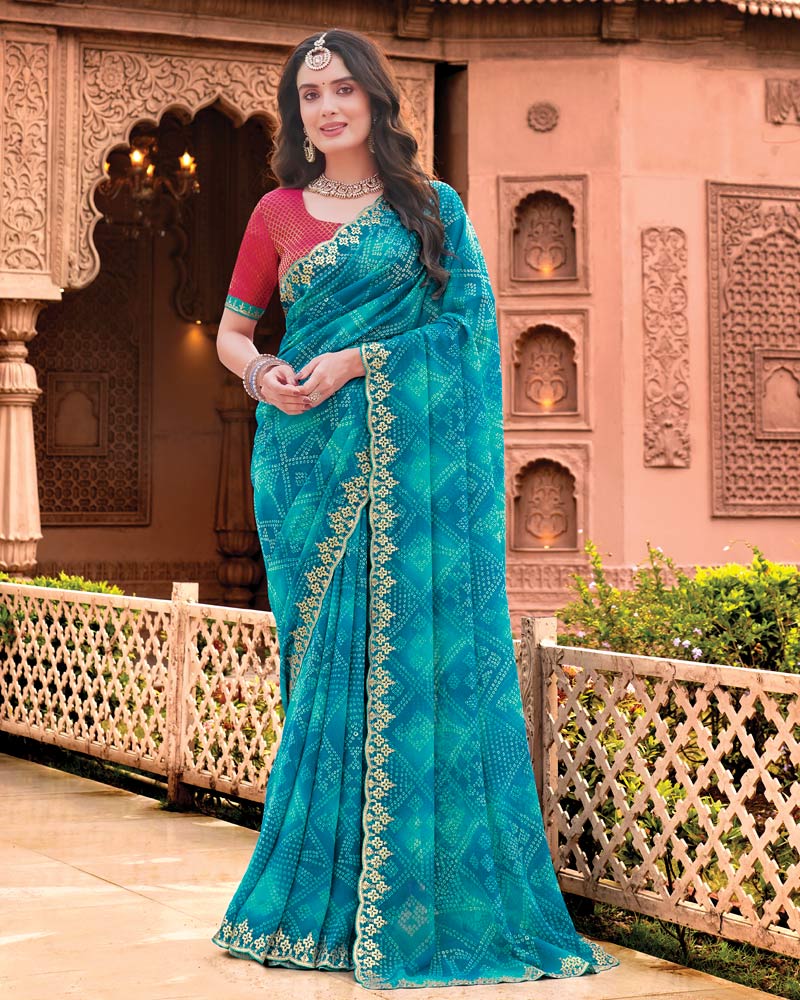 Vishal Prints Deep Sky Blue Designer Georgette Traditional Print Saree With Foil Print And Cut Work Embroidery Border