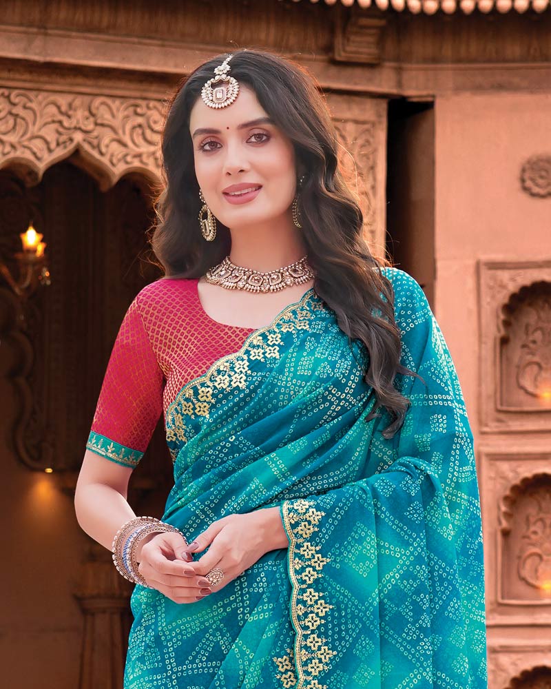 Vishal Prints Deep Sky Blue Designer Georgette Traditional Print Saree With Foil Print And Cut Work Embroidery Border