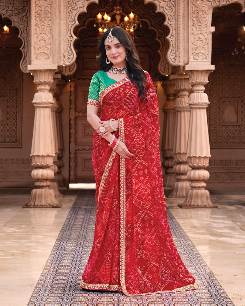 Vishal Prints Deep Red Designer Georgette Traditional Print Saree With Foil Print And Fancy Embroidery Border
