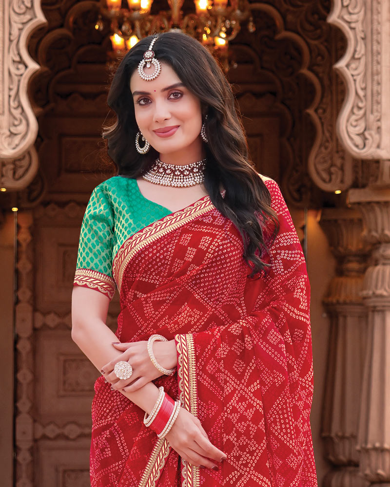 Vishal Prints Deep Red Designer Georgette Traditional Print Saree With Foil Print And Fancy Embroidery Border