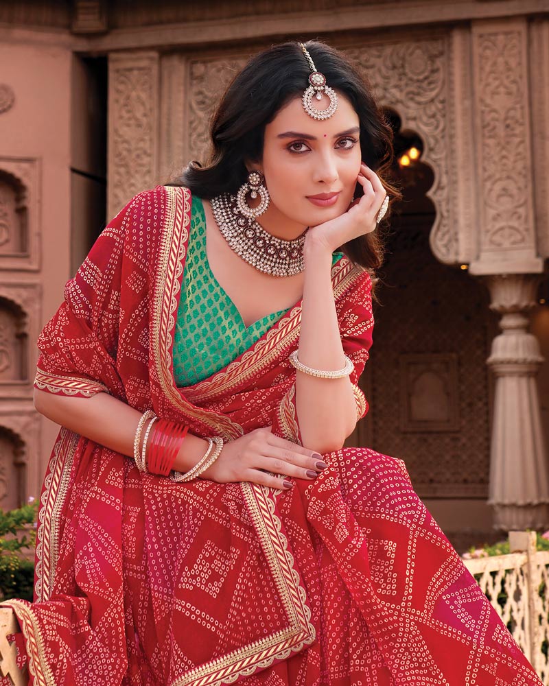 Vishal Prints Deep Red Designer Georgette Traditional Print Saree With Foil Print And Fancy Embroidery Border