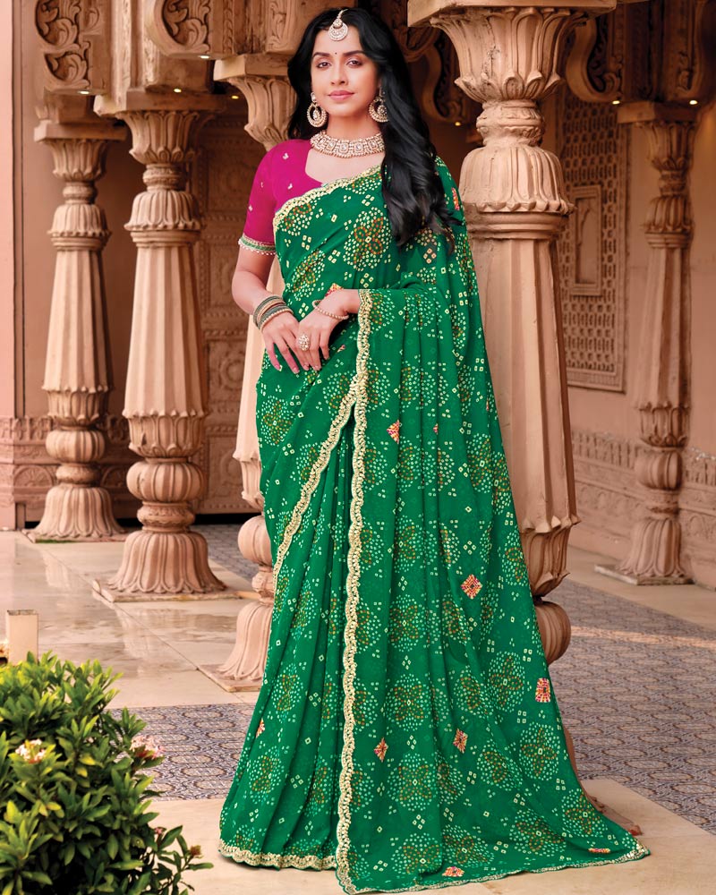 Vishal Prints Deep Green Designer Georgette Traditional Print Saree With Foil Print And Cut Work Embroidery Border