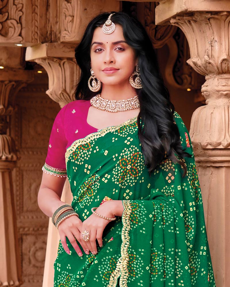 Vishal Prints Deep Green Designer Georgette Traditional Print Saree With Foil Print And Cut Work Embroidery Border