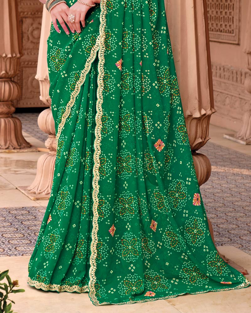 Vishal Prints Deep Green Designer Georgette Traditional Print Saree With Foil Print And Cut Work Embroidery Border