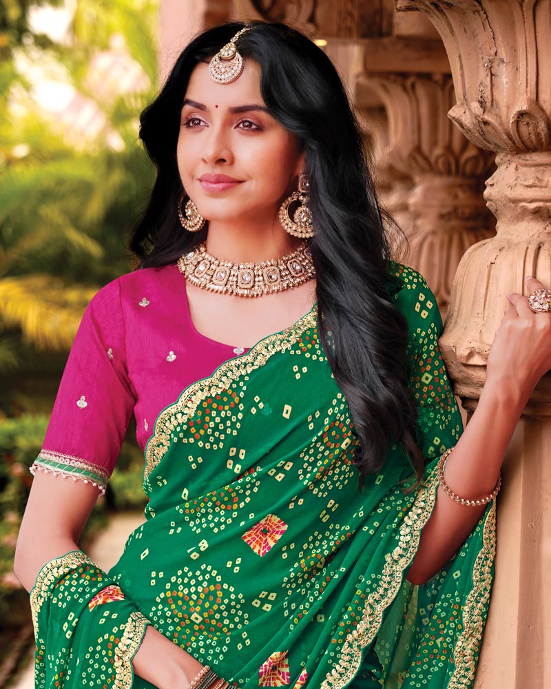 Vishal Prints Deep Green Designer Georgette Traditional Print Saree With Foil Print And Cut Work Embroidery Border