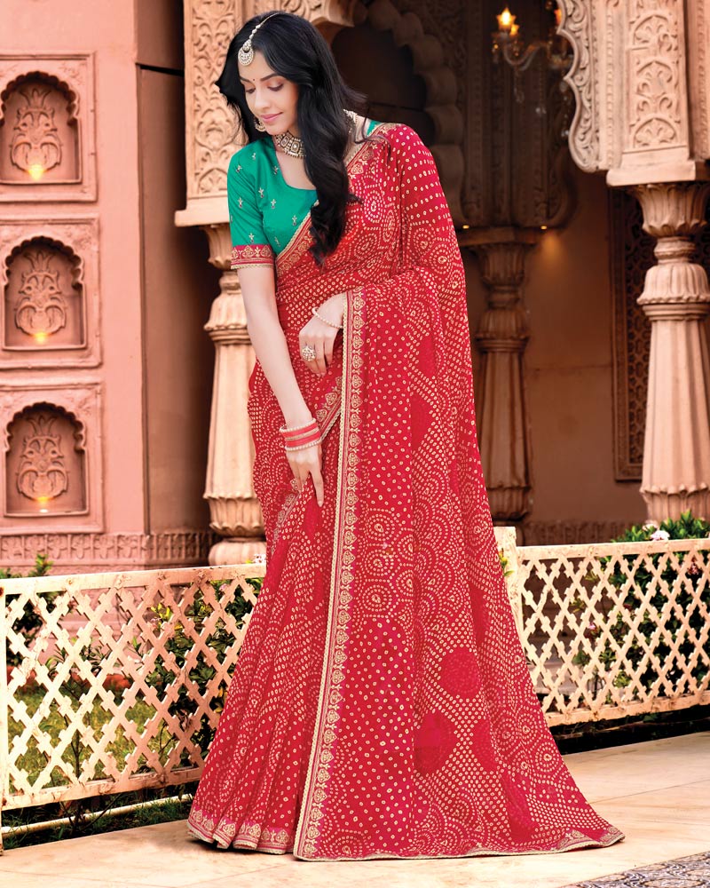Vishal Prints Chili Red Designer Georgette Traditional Print Saree With Foil Print And Fancy Embroidery Border