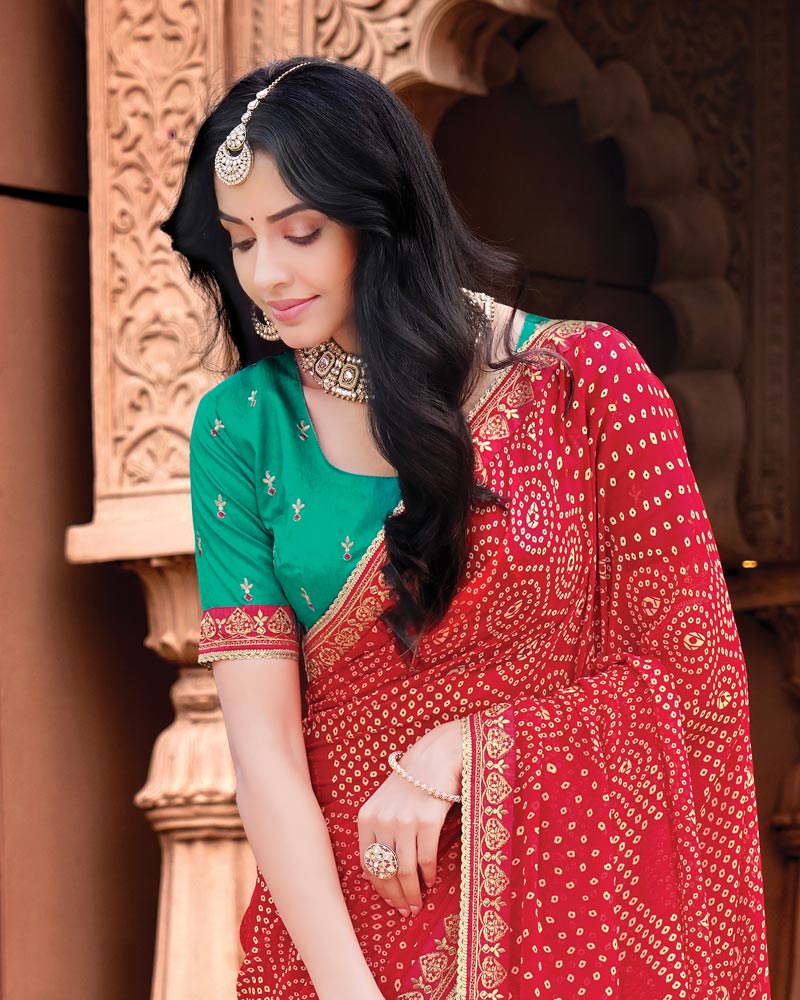 Vishal Prints Chili Red Designer Georgette Traditional Print Saree With Foil Print And Fancy Embroidery Border