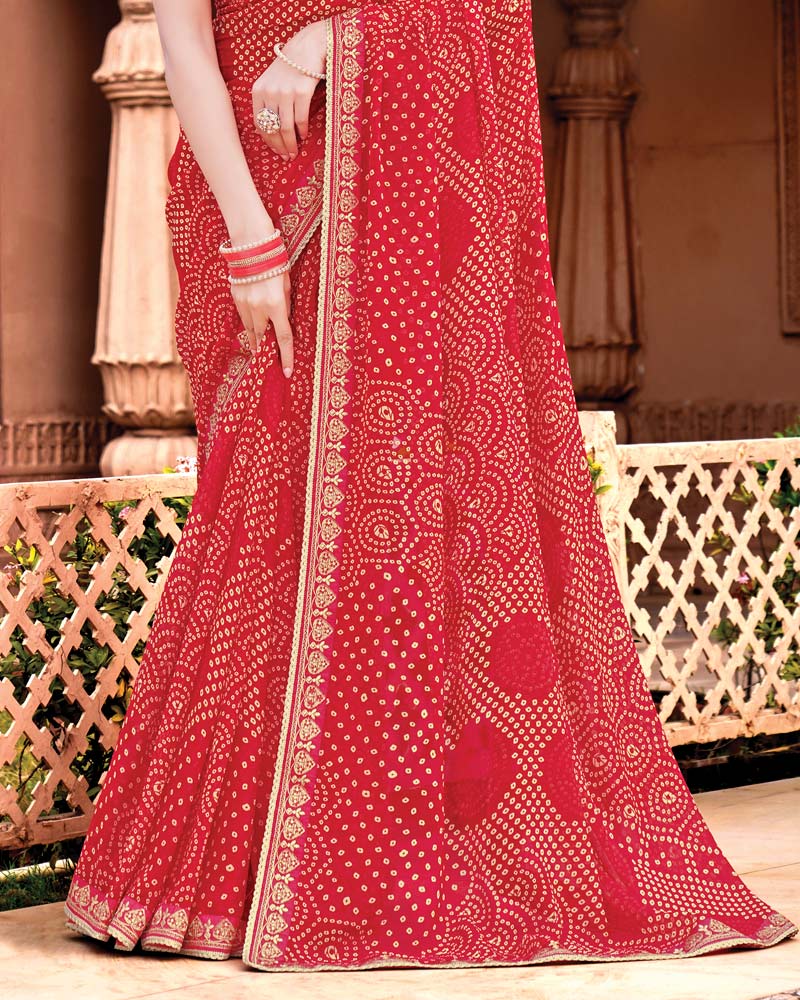 Vishal Prints Chili Red Designer Georgette Traditional Print Saree With Foil Print And Fancy Embroidery Border