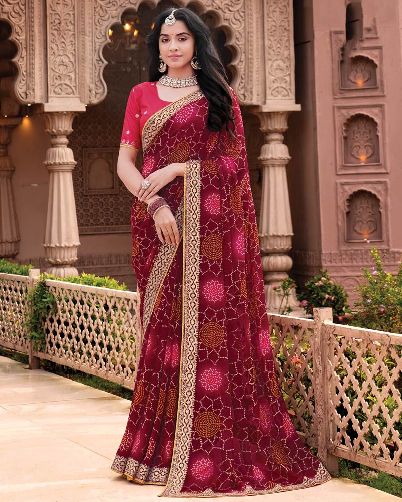 Vishal Prints Maroon Designer Georgette Traditional Print Saree With Foil Print And Fancy Embroidery Border