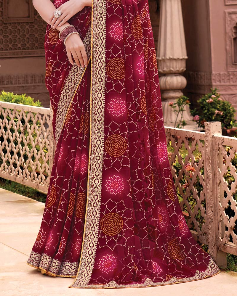Vishal Prints Maroon Designer Georgette Traditional Print Saree With Foil Print And Fancy Embroidery Border