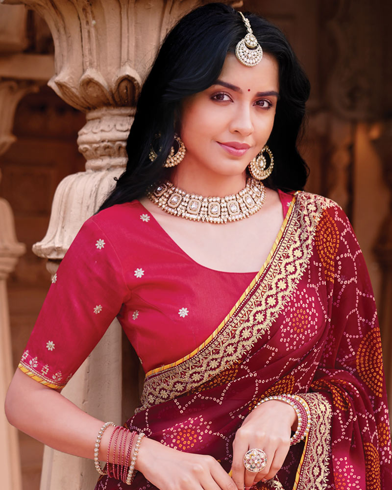 Vishal Prints Maroon Designer Georgette Traditional Print Saree With Foil Print And Fancy Embroidery Border