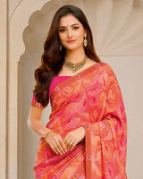 Vishal Prints Salmon Pink Digital Print Fancy Chiffon Saree With Fancy Border
