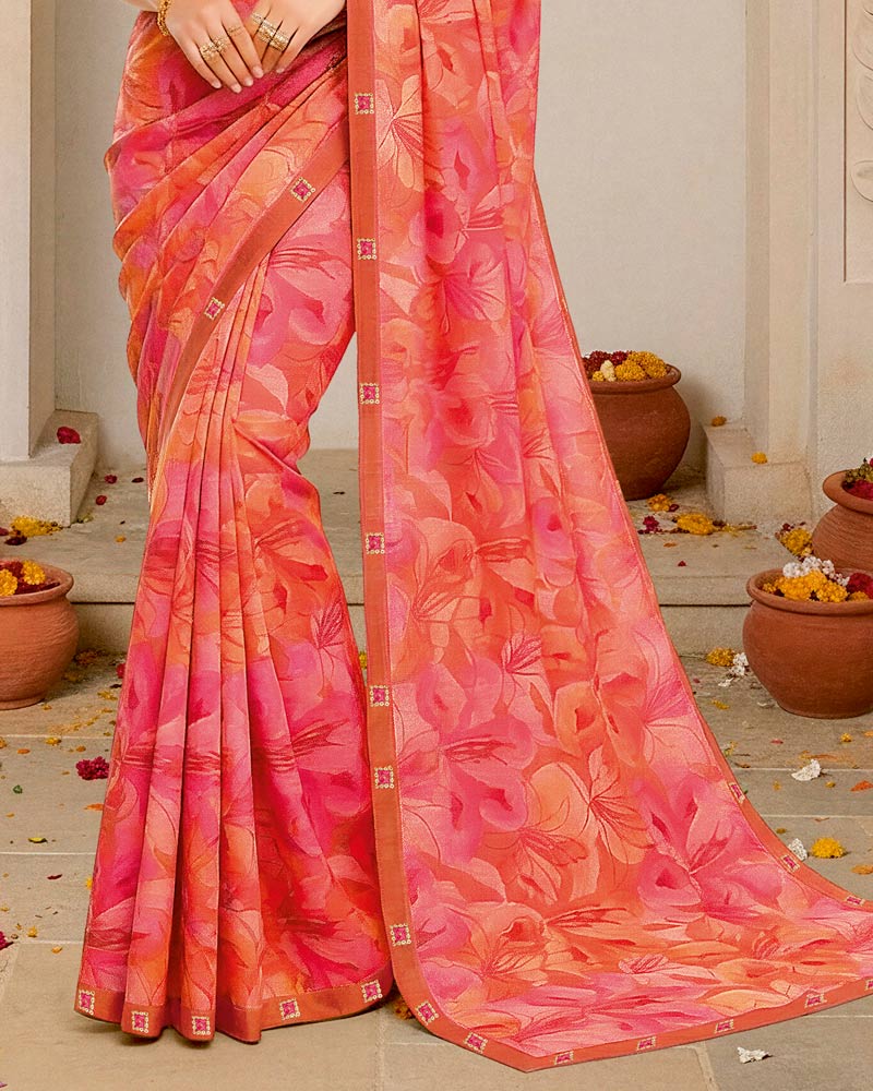 Vishal Prints Salmon Pink Digital Print Fancy Chiffon Saree With Fancy Border