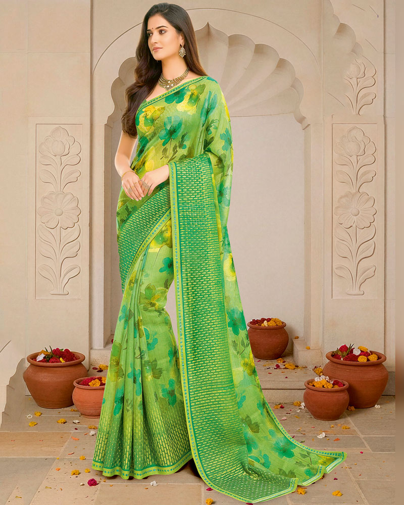 Vishal Prints Dark Pastel Green Digital Print Fancy Chiffon Saree With Fancy Border