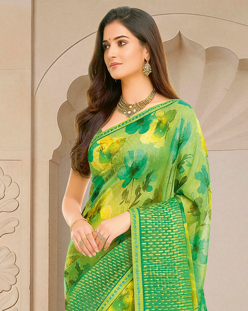 Vishal Prints Dark Pastel Green Digital Print Fancy Chiffon Saree With Fancy Border