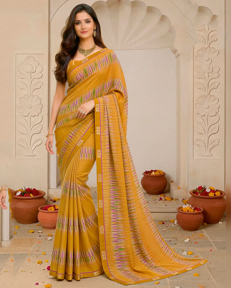 Vishal Prints Dark Ochre Digital Print Fancy Chiffon Saree With Fancy Border