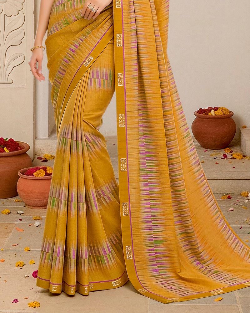 Vishal Prints Dark Ochre Digital Print Fancy Chiffon Saree With Fancy Border