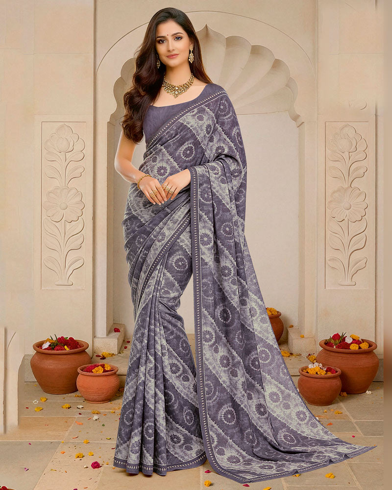 Vishal Prints Greyish Purple Digital Print Fancy Chiffon Saree With Fancy Border