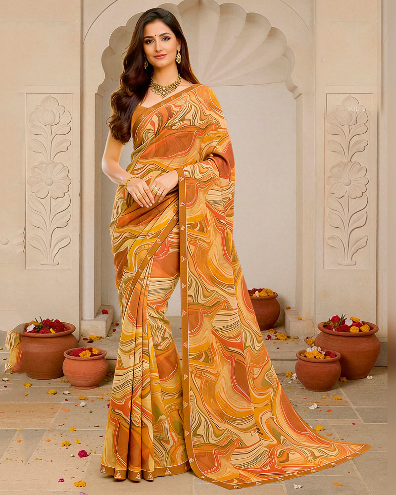 Vishal Prints Pastel Orange Digital Print Fancy Chiffon Saree With Fancy Border