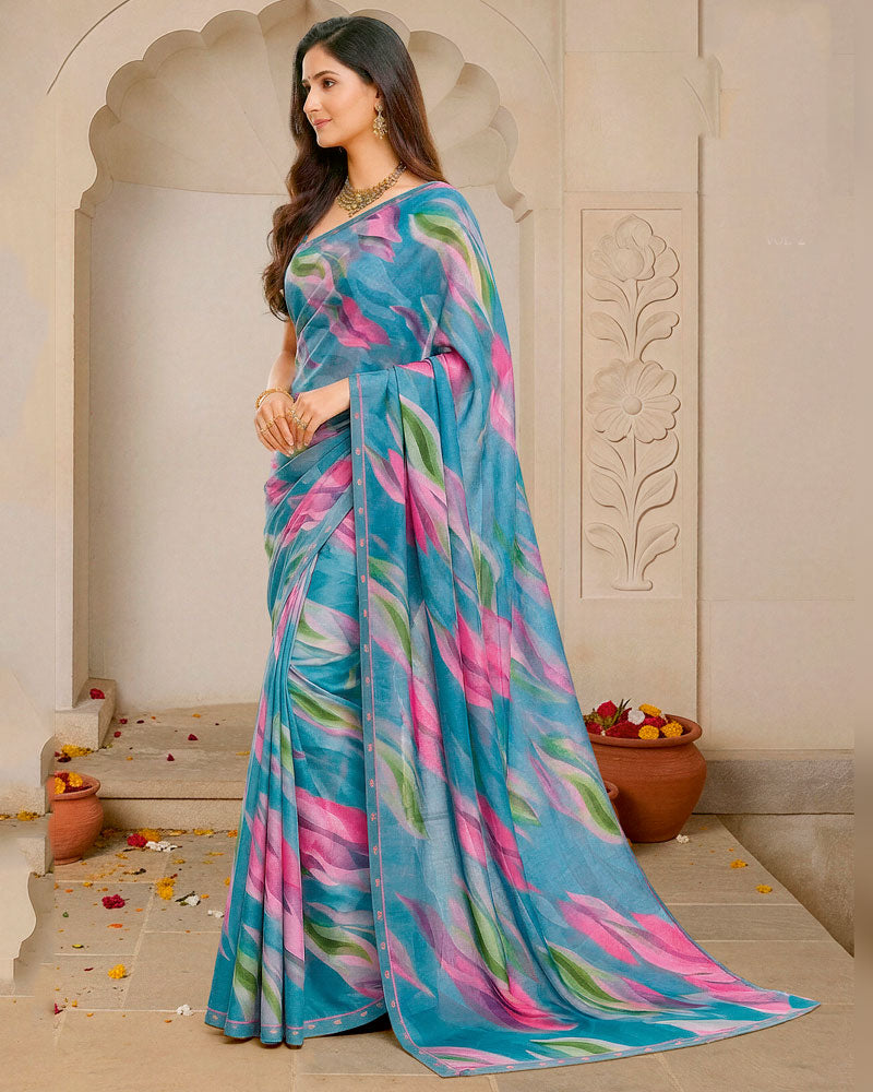 Vishal Prints Glacial Ice Blue Digital Print Fancy Chiffon Saree With Fancy Border