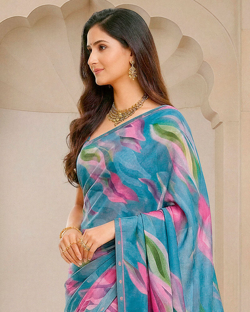 Vishal Prints Glacial Ice Blue Digital Print Fancy Chiffon Saree With Fancy Border